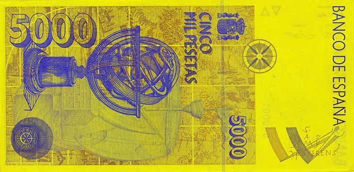 Banknot 5000 peset – strona odwrotna