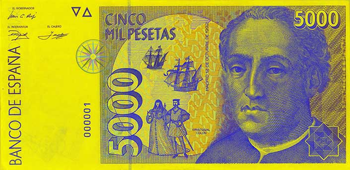 5000 pesetás bankjegy előoldala